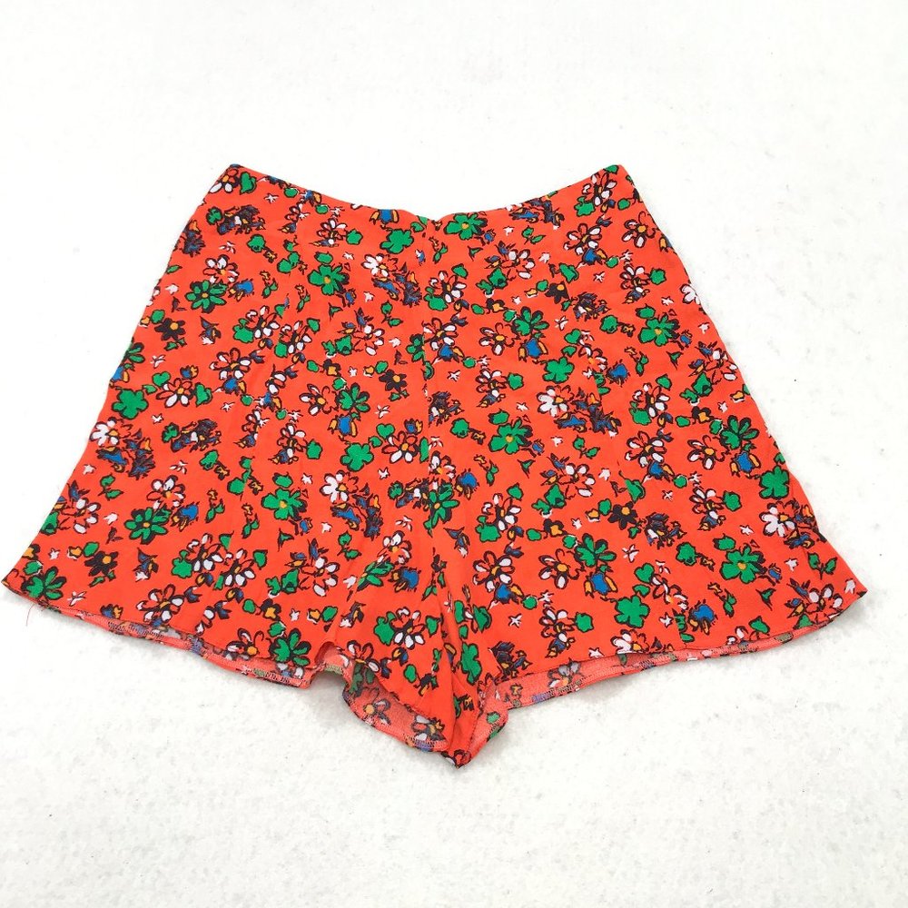 TopShop High Waisted Shorts Womens 4 Orange Floral Ditzy High Rise Flat Front